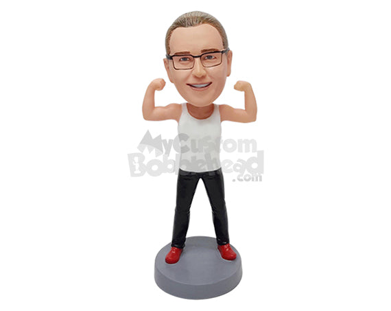 Strong looking guy wearing a tank top and gym shoes posing flexing muscles Personalized Bobblehead