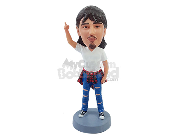 Cool Dude Pointing Up Wearing a V-Neck T-Shirt Ripped Jeans and a Shirt Wrapped Around the Waist Personalized Bobblehead