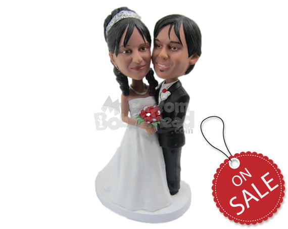 Custom Bobblehead Lovely Wedding Couple Holding A Bouquet In Hand - Wedding & Couples Bride & Groom Personalized Bobblehead & Cake Topper