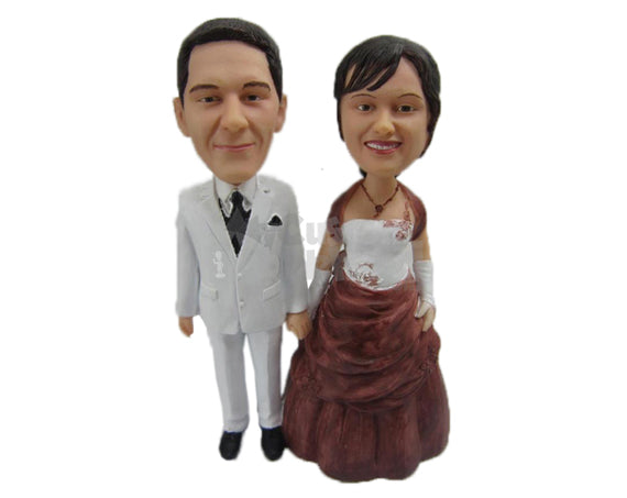 Custom Bobblehead Couple In Classy Formal Wedding Attire Holding Hands - Wedding & Couples Couple Personalized Bobblehead & Cake Topper