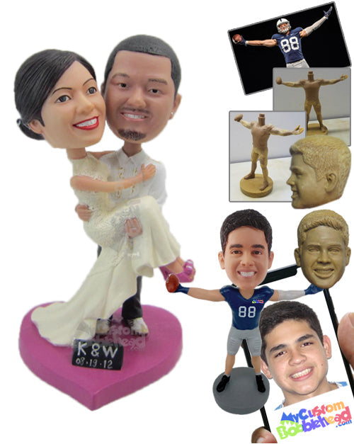 Groom Carrying the Bride in His Arms Wearing Gorgeous Wedding Outfit Personalized Bobblehead