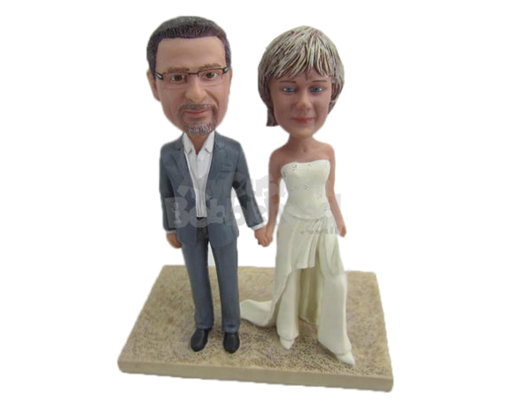 Custom Bobblehead Wedding Couple In Wedding Attire Holding Hands - Wedding & Couples Bride & Groom Personalized Bobblehead & Cake Topper