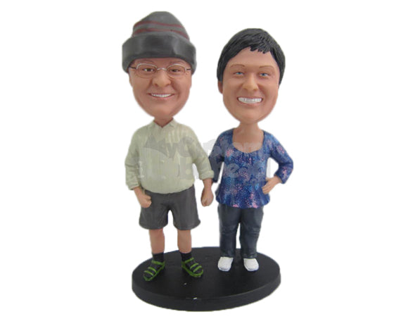 Custom Bobblehead Cute Couple Holding Each Others Hand Wearing Casual Outfit - Wedding & Couples Couple Personalized Bobblehead & Cake Topper