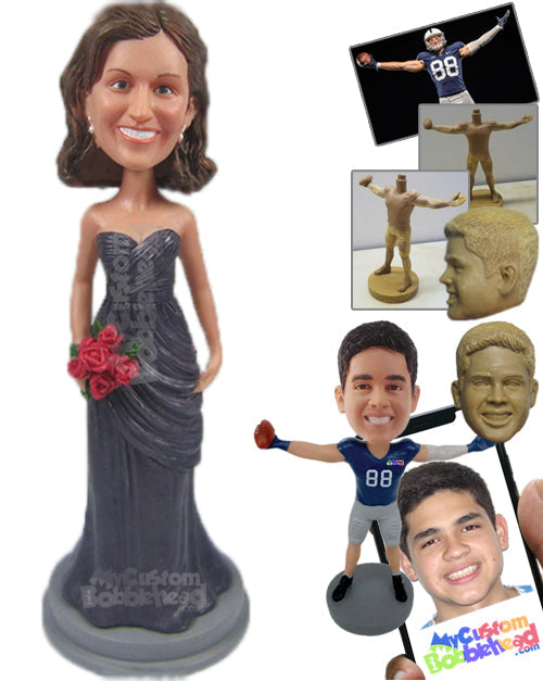 Bridesmaid in Strapless Gown with Roses in Hand Personalized Bobblehead