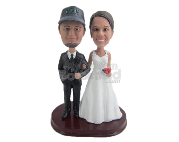 Custom Bobblehead Stylish Wedding Couple Holding Hands With A Bouquet - Wedding & Couples Bride & Groom Personalized Bobblehead & Cake Topper