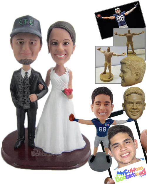 Stylish Wedding Couple Holding Hands with Bouquet Personalized Bobblehead