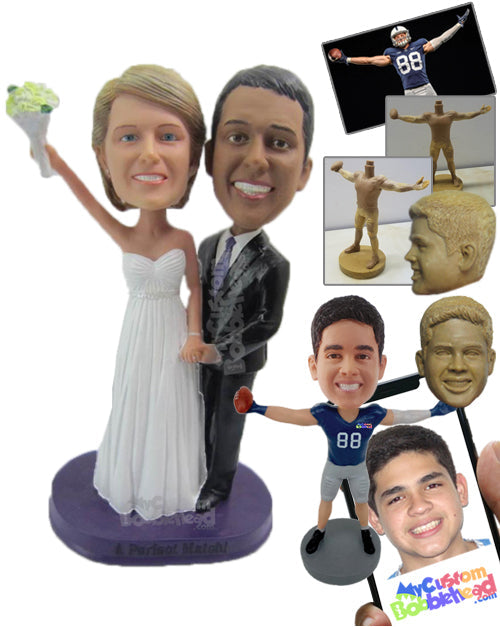 Classy Wedding Couple in Gorgeous Attire with A Bouquet Personalized Bobblehead