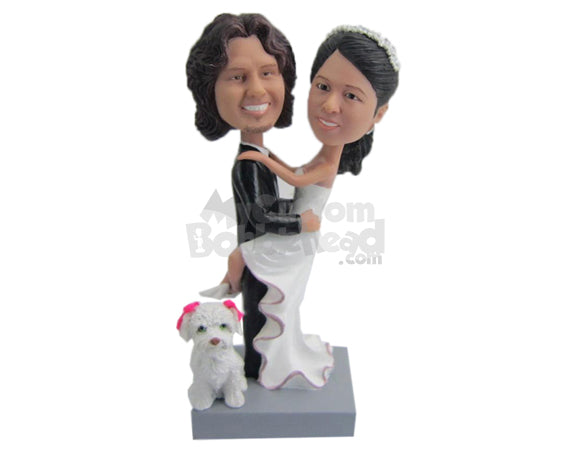 Custom Bobblehead Groom Carrying Lovely Bride With Cute Little Puppy - Wedding & Couples Bride & Groom Personalized Bobblehead & Cake Topper