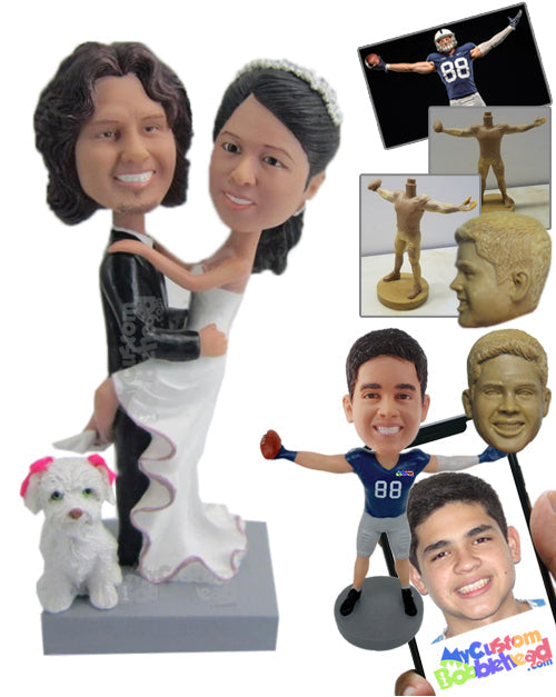 Groom Carrying Lovely Bride with Cute Little Puppy Personalized Bobblehead