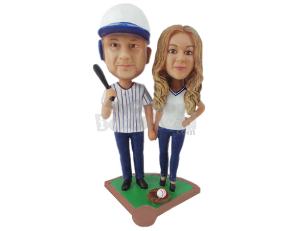 Custom Bobblehead Lovely Baseball Loving Couple In The Baseball Field Ready To Tie The Knot - Wedding & Couples Couple Personalized Bobblehead & Cake Topper