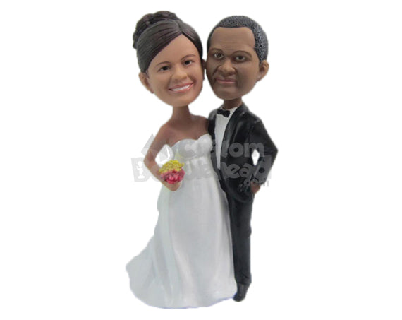 Custom Bobblehead Wedding Couple Giving A Pose Holding Bouquet - Wedding & Couples Bride & Groom Personalized Bobblehead & Cake Topper