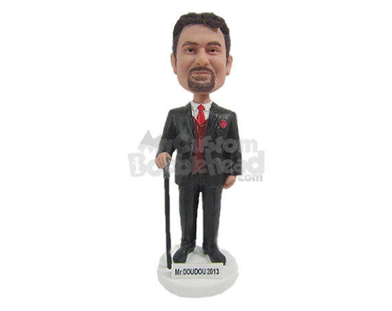 Custom Bobblehead Groom In Formal Attire Holding A Walking Cane - Wedding & Couples Grooms Personalized Bobblehead & Cake Topper