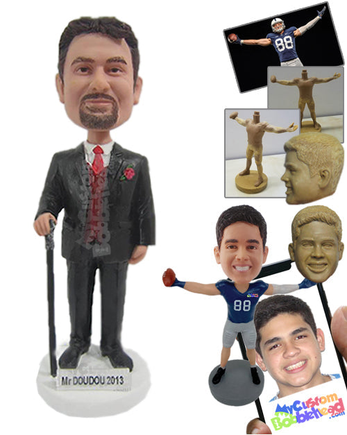 Groom in Formal Attire Holding a Walking Cane Personalized Bobblehead