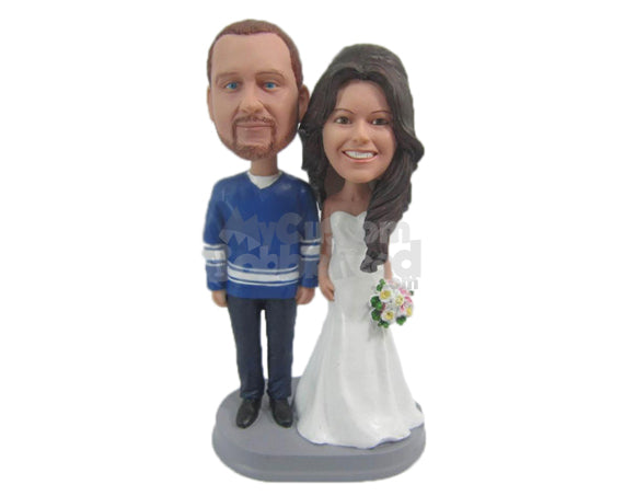 Custom Bobblehead Sports Loving Groom And Elegant Bride Posing For Wedding Pictures - Wedding & Couples Bride & Groom Personalized Bobblehead & Cake Topper