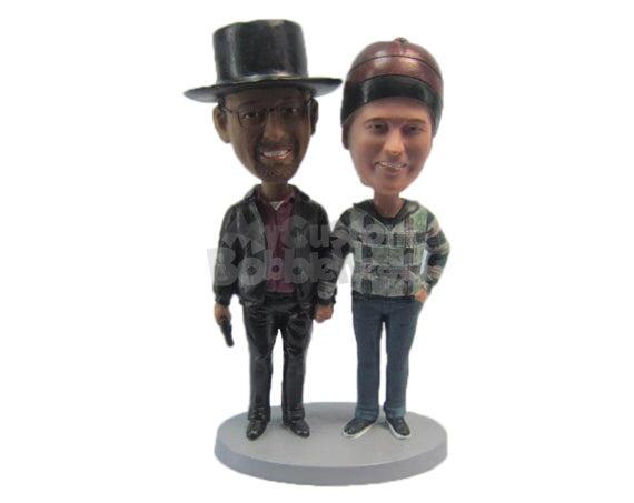 Custom Bobblehead Gentleman Holding A Gun Standing Next To Female Partner - Wedding & Couples Couple Personalized Bobblehead & Cake Topper