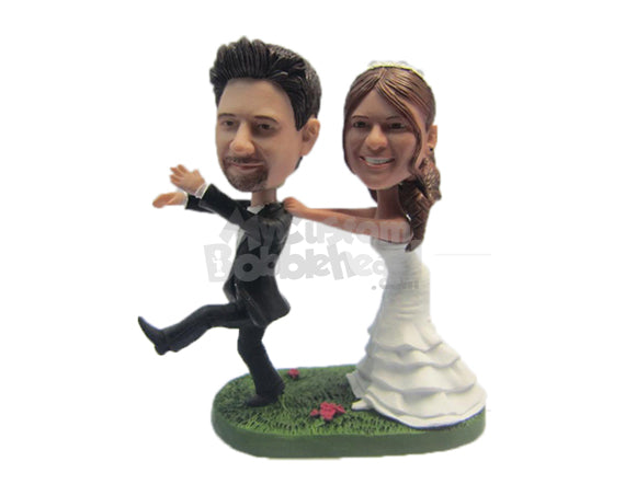 Custom Bobblehead Bride Dragging Fleeing Groom Back To The Altar - Wedding & Couples Bride & Groom Personalized Bobblehead & Cake Topper