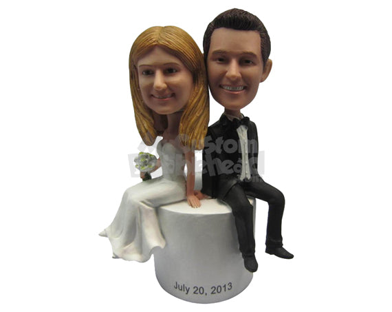 Custom Bobblehead Wedding Couple Sitting Together Wearing Gorgeous Wedding - Wedding & Couples Bride & Groom Personalized Bobblehead & Cake Topper