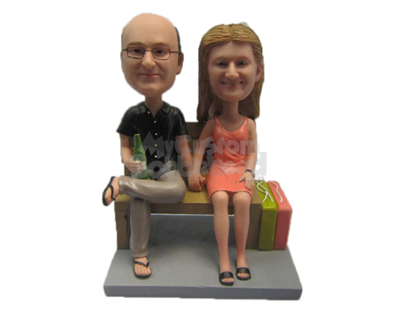 Custom Bobblehead Couple Sitting On A Bench Holding Hands Enjoying A Drink - Wedding & Couples Couple Personalized Bobblehead & Cake Topper