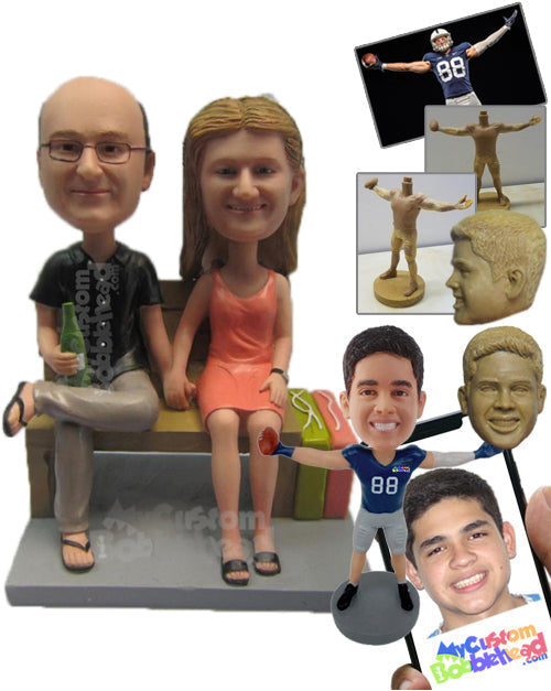 Couple Sitting on a Bench Holding Hands Enjoying a Drink Personalized Bobblehead