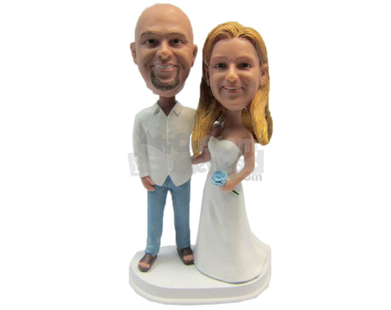 Custom Bobblehead Wedding Couple In Traditional Pose Holding A Flower Bouquet - Wedding & Couples Bride & Groom Personalized Bobblehead & Cake Topper