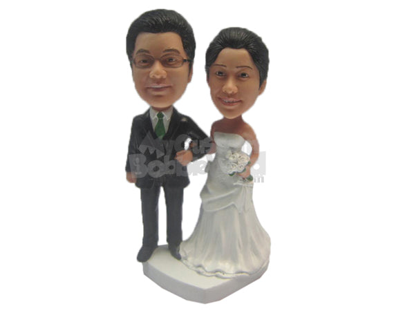 Custom Bobblehead Just Married Couple In Gorgeous Wedding Attire And Holding A Bouquet - Wedding & Couples Bride & Groom Personalized Bobblehead & Cake Topper