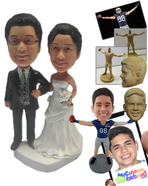 Just Married Couple in Gorgeous Wedding Attire and Holding a Bouquet Personalized Bobblehead