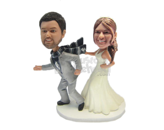 Custom Bobblehead Bride Catching Fleeing Groom By His Scarf - Wedding & Couples Bride & Groom Personalized Bobblehead & Cake Topper