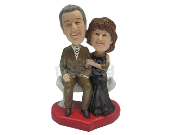 Custom Bobblehead Lovely Couple Sitting On A Bench Wearing Formal Outfits - Wedding & Couples Couple Personalized Bobblehead & Cake Topper