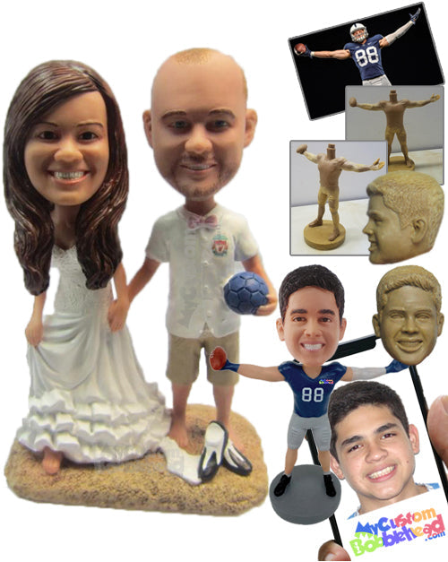 Soccer-Loving Wedding Couple at the Beach Personalized Bobblehead