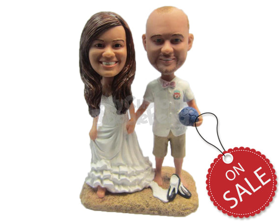 Custom Bobblehead Soccer Loving Wedding Couple At The Beach - Wedding & Couples Bride & Groom Personalized Bobblehead & Cake Topper