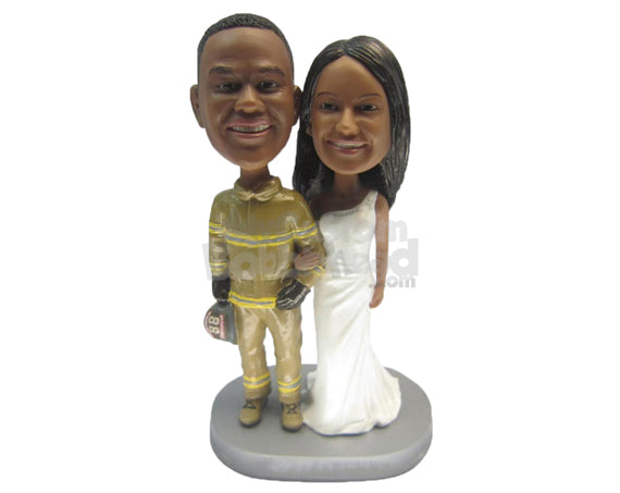 Custom Bobblehead Firefighter Themed Gorgeous Wedding Couple - Wedding & Couples Bride & Groom Personalized Bobblehead & Cake Topper