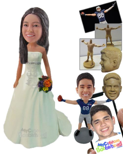 Gorgeous Bride in Eye-Catching Gown with a Bouquet in Hand Personalized Bobblehead