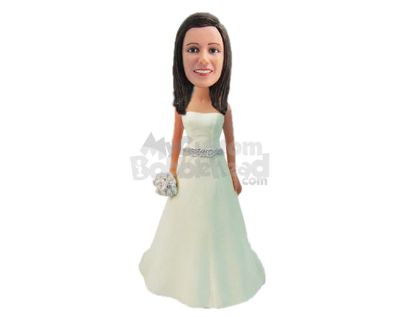 Custom Bobblehead Bride Wearing A Stylish Gown Holding A Fresh Flower Bouquet - Wedding & Couples Brides Personalized Bobblehead & Cake Topper