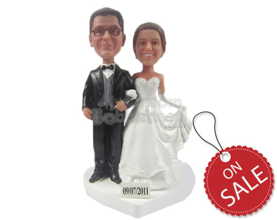 Custom Bobblehead Lovely Wedding Couple Standing Hand In Hand In Beautiful Wedding Attire - Wedding & Couples Bride & Groom Personalized Bobblehead & Cake Topper