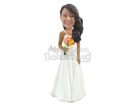 Custom Bobblehead Bride Wearing Trendy Gown Holding A Flower Bouquet - Wedding & Couples Brides Personalized Bobblehead & Cake Topper