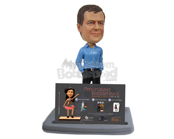 Custom Bobblehead Elegant Handsome Corporate Executive Displaying Business Card - Wedding & Couples Groomsman & Best Men Personalized Bobblehead & Cake Topper