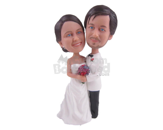 Custom Bobblehead Wedding Couple In Trendy Wedding Attire Holding A Rose Flower Bouquet - Wedding & Couples Bride & Groom Personalized Bobblehead & Cake Topper