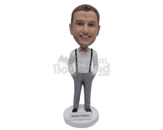 Custom Bobblehead Groomsman Wearing Classy Suspenders - Wedding & Couples Groomsman & Best Men Personalized Bobblehead & Cake Topper