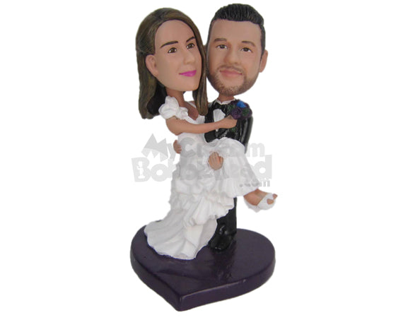 Custom Bobblehead Handsome Groom Carrying Gorgeous Bride In His Arms - Wedding & Couples Bride & Groom Personalized Bobblehead & Cake Topper