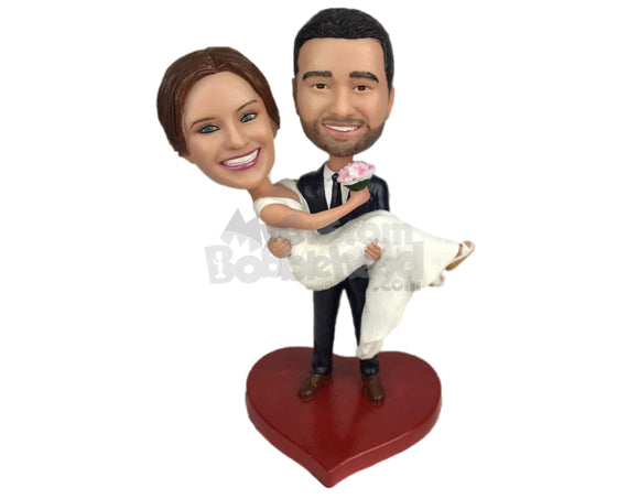 Custom Bobblehead Groom Carrying Bride And Heading To The Altar - Wedding & Couples Bride & Groom Personalized Bobblehead & Cake Topper