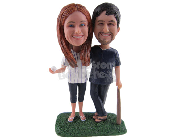 Custom Bobblehead Baseball Fan Couple Ready To Have A Ball - Wedding & Couples Sports Couples Personalized Bobblehead & Cake Topper