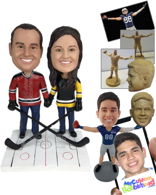 Ice Hockey Couple with Ice Hockey Sticks Personalized Bobblehead