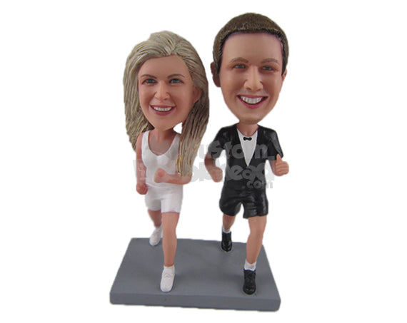 Custom Bobblehead Couple In Casual Outfit Ready For A Race - Wedding & Couples Couple Personalized Bobblehead & Cake Topper