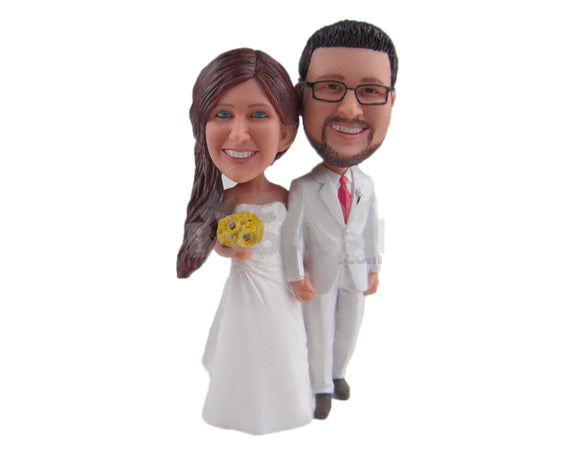 Custom Bobblehead Happy Married Couple In Wedding Attire Posing With A Bouquet - Wedding & Couples Bride & Groom Personalized Bobblehead & Cake Topper