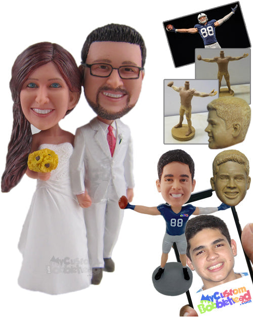 Happy Married Couple in Wedding Attire Posing with a Bouquet Personalized Bobblehead