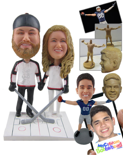 Ice Hockey Fan Couple Wearing Ice Hockey Outfit Ready for a Game Personalized Bobblehead