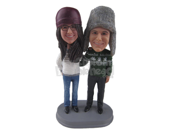 Custom Bobblehead Couple Out For A Walk Wearing Winter Outfits - Wedding & Couples Couple Personalized Bobblehead & Cake Topper