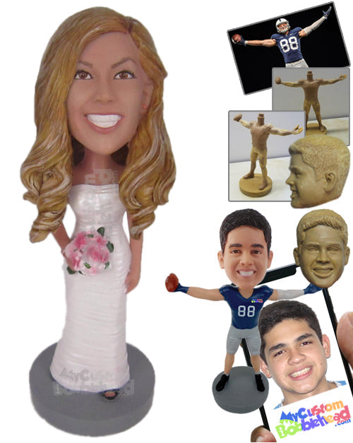 Gorgeous Bridesmaid Wearing Strapless Gown and Holding a Bouquet Personalized Bobblehead