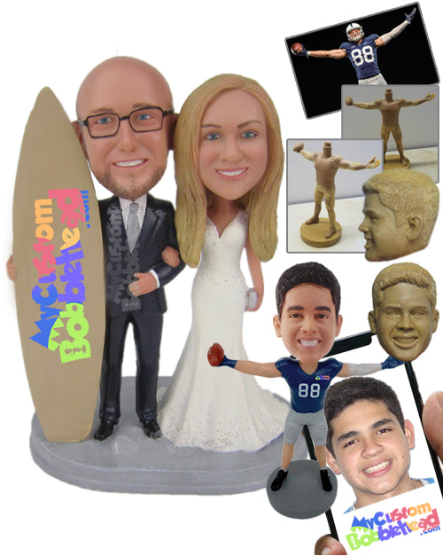 Surfing Loving Wedding Couple Posing with Surfboard Personalized Bobblehead