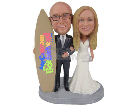 Surfing Loving Wedding Couple Posing with Surfboard Personalized Bobblehead